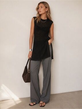 Wilfred Aritzia Black Open Knit Sleeveless Long Tunic Top Size S